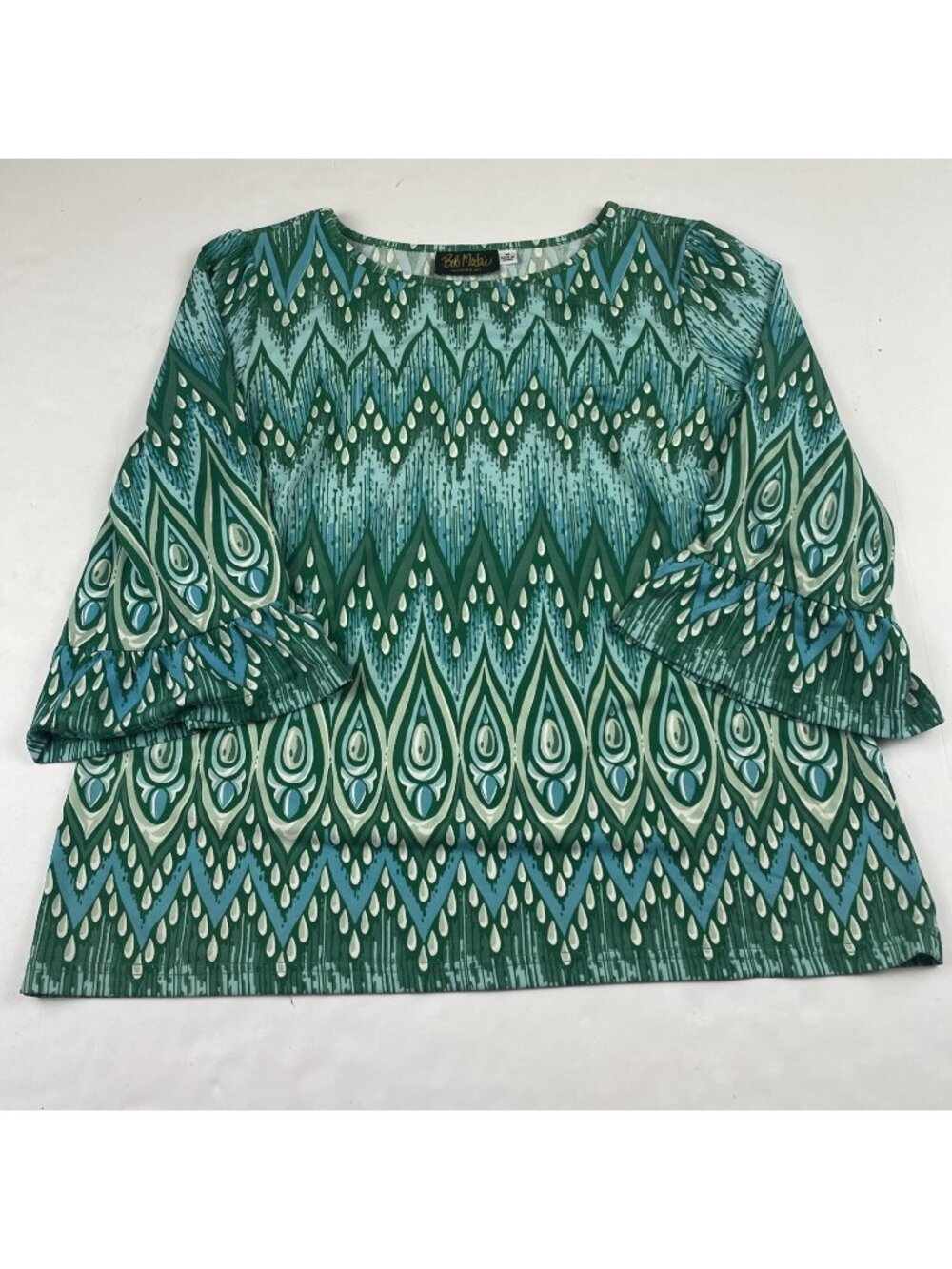 Bob Mackie Wearable Art Boho Top Women’s M 3/4 Bell Sleeve Green Blue Stretch